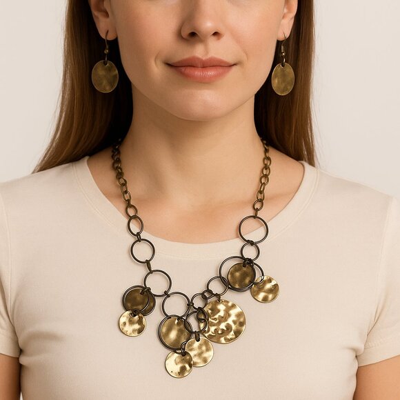 Paparazzi Hammered Metal Disc Statement Necklace Set • Antique Brass & Gold Tone - Picture 1 of 4